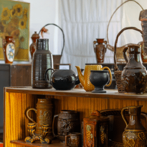 Rustic pottery and ceramics in a room