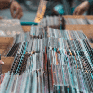 Hands searching through vinyl albums