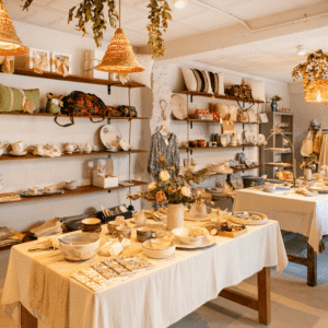 Elegant shop displaying pottery and textiles