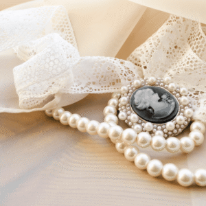 Vintage jewelry on delicate lace fabric.